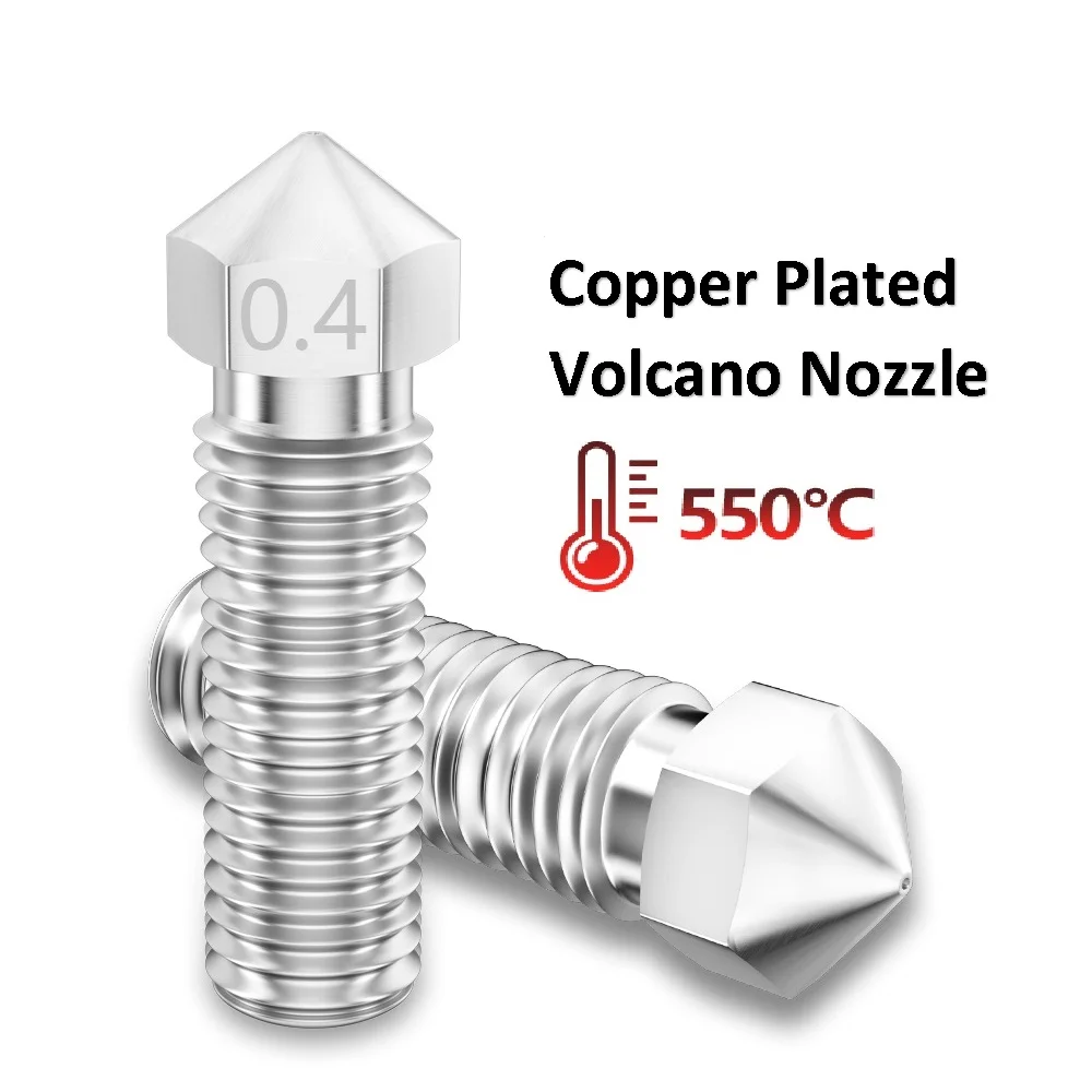 

MEGA 1pc 3D Printer Volcano Nozzle Copper Plated MaxTemp 550 High Quality 0.4 0.6 0.8mm for 1.75mm Filament M6 Thread Hotend