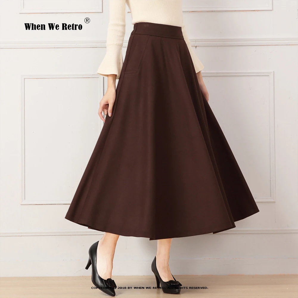 

Autumn Winter Long Woolen Skirt Solid Color Korean Thicken High Waist Pleated Skirt Black Red Coffee Swing Maxi Skirts VD3443