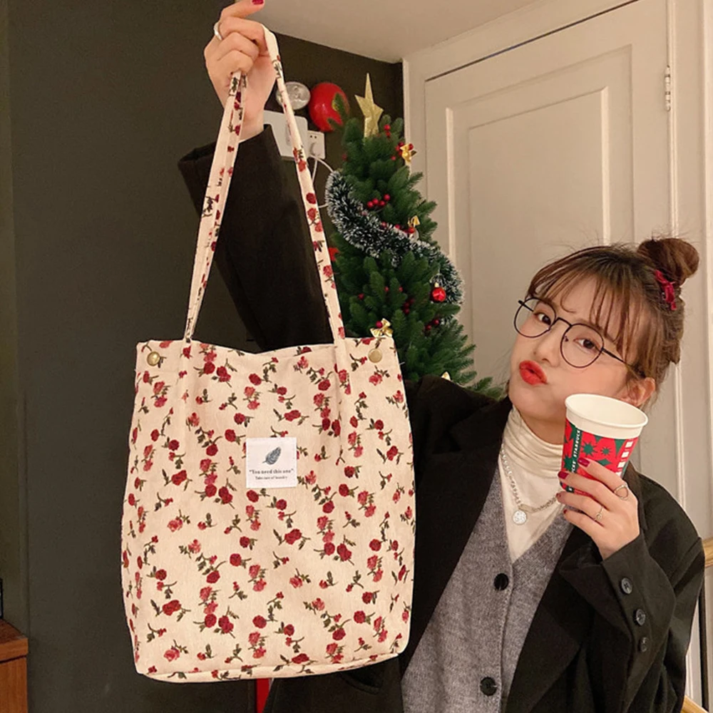 

Bags for Women 2022 Corduroy Snap Button Shoulder Bag Large Capacity Reusable Shopping Bag Literary Buckle Tote Female Handbags