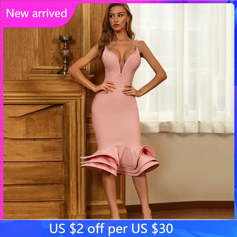 

Women Fashion Sexy Deep V Neck Evening Dress Skinny Ruffle Midi Dress
