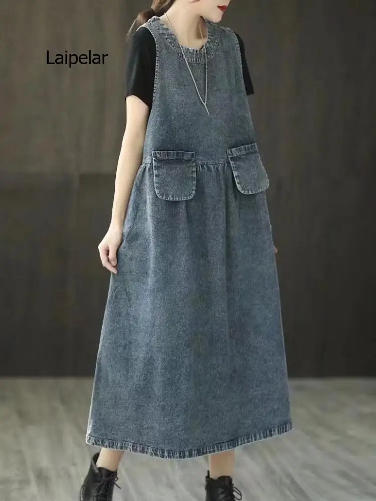 

Женское винтажное джинсовое платье без рукавов, с круглым вырезом