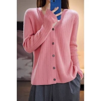 2022 spring and autumn new style 100 pure wool womens v neck korean loose warm knitted cashmere cardigan free shipping