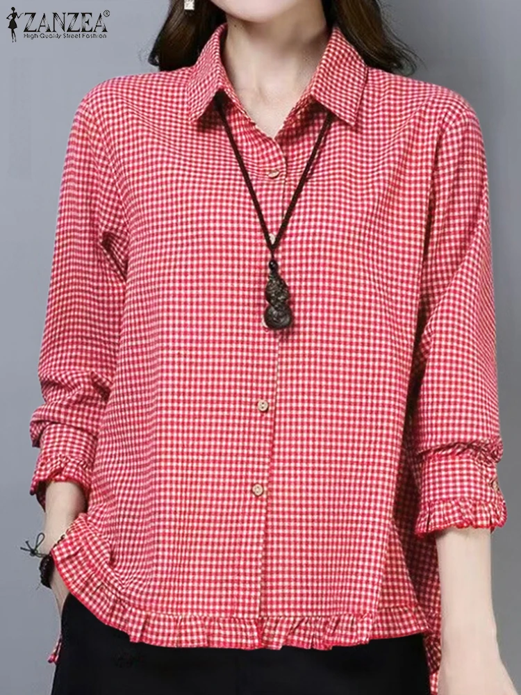 ZANZEA модные рубашки с воротником лацканами богемные топы рюшами по краю