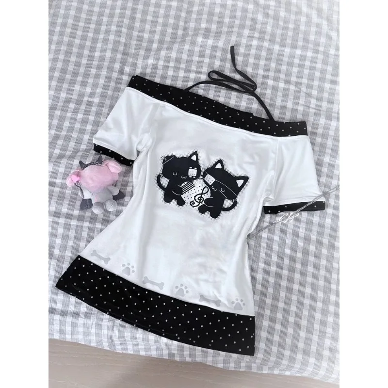 Фото Футболки Ropa Mujer, женская одежда, кружевные футболки с короткими рукавами и круглым вырезом, модная повседневная летняя футболка в Корейском стиле, каваи №2