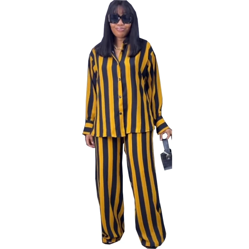 2 Piece Set African Clothes Women Shirt Tops Wide Leg Pants Suit Fashion Striped Print Loose Casual Office Lady African Outfits