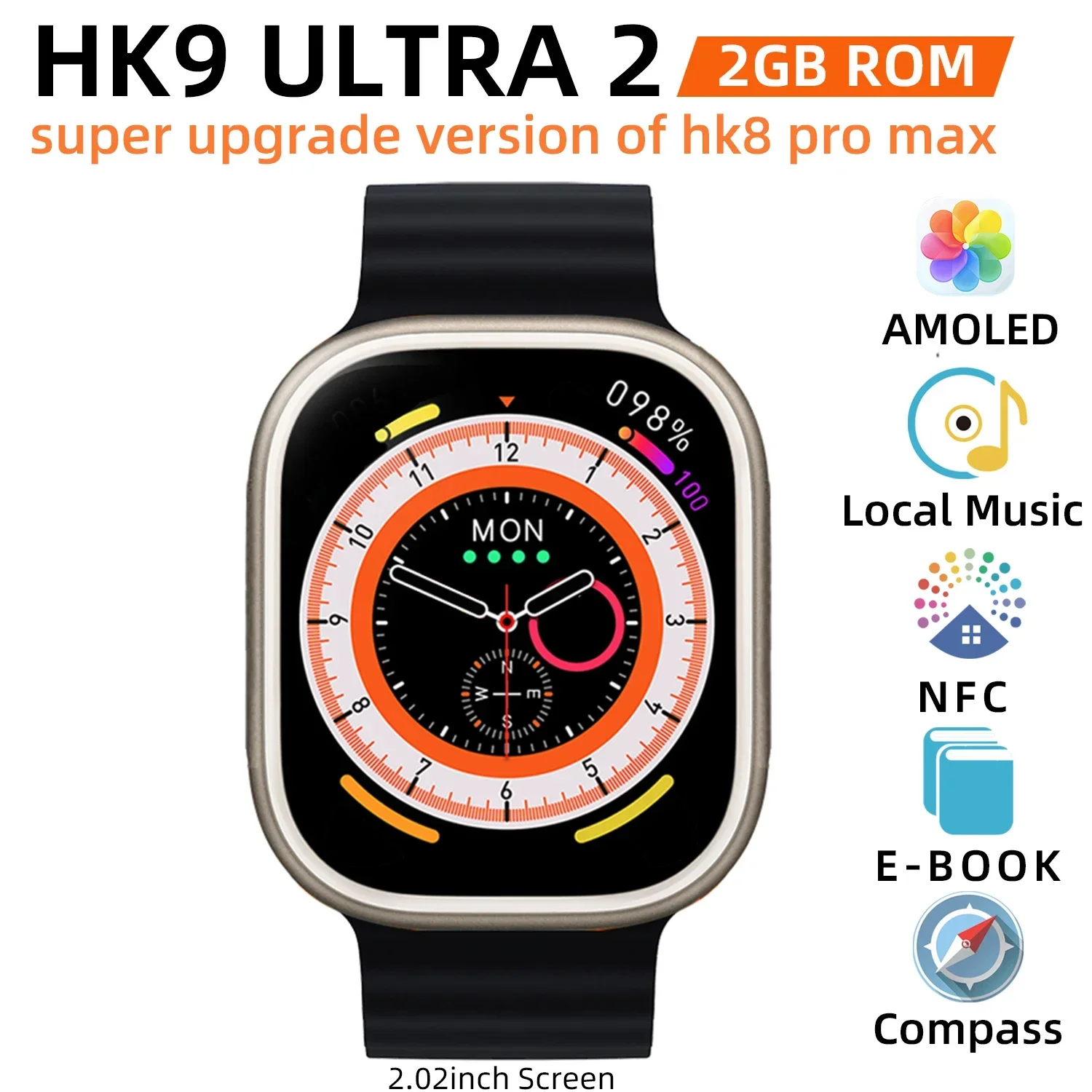 

Смарт-часы HK9 Ultra 2 AMOLED, мужские часы с компасом, умные часы, местная музыка, спортивные часы для Android IOS HK8 Pro, обновленный 2024