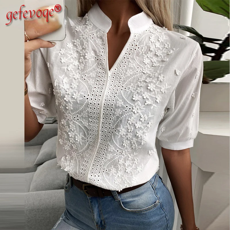 Chic Solid Hollow-out V Neck Lace Blouse Floral Patterns Embroidery Decoration Casual Women Shirt Puff Sleeved Half Cotton Tops