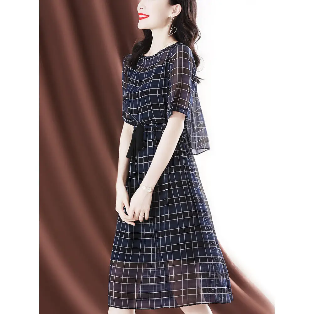 

2023 New Elegant Floral Print Women Dress Spring Summer Casual O Neck Short Sleeve Chiffon A Line with A Belt Plaid Vestidos Q48