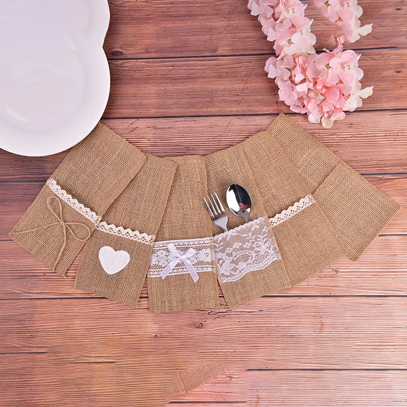 

10Pcs Rustic Burlap Lace Cutlery Holder Pouch Bag Wedding Party Table Decor