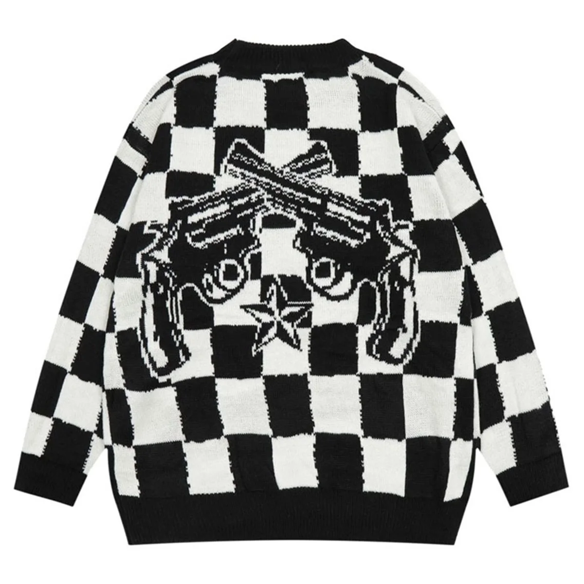 Hip Hop Knitted Sweaters Men Harajuku Vintage Star Gun Plaid Jumper Streetwear Casual Oversized Pullover Couple 2022 Autumn Tops