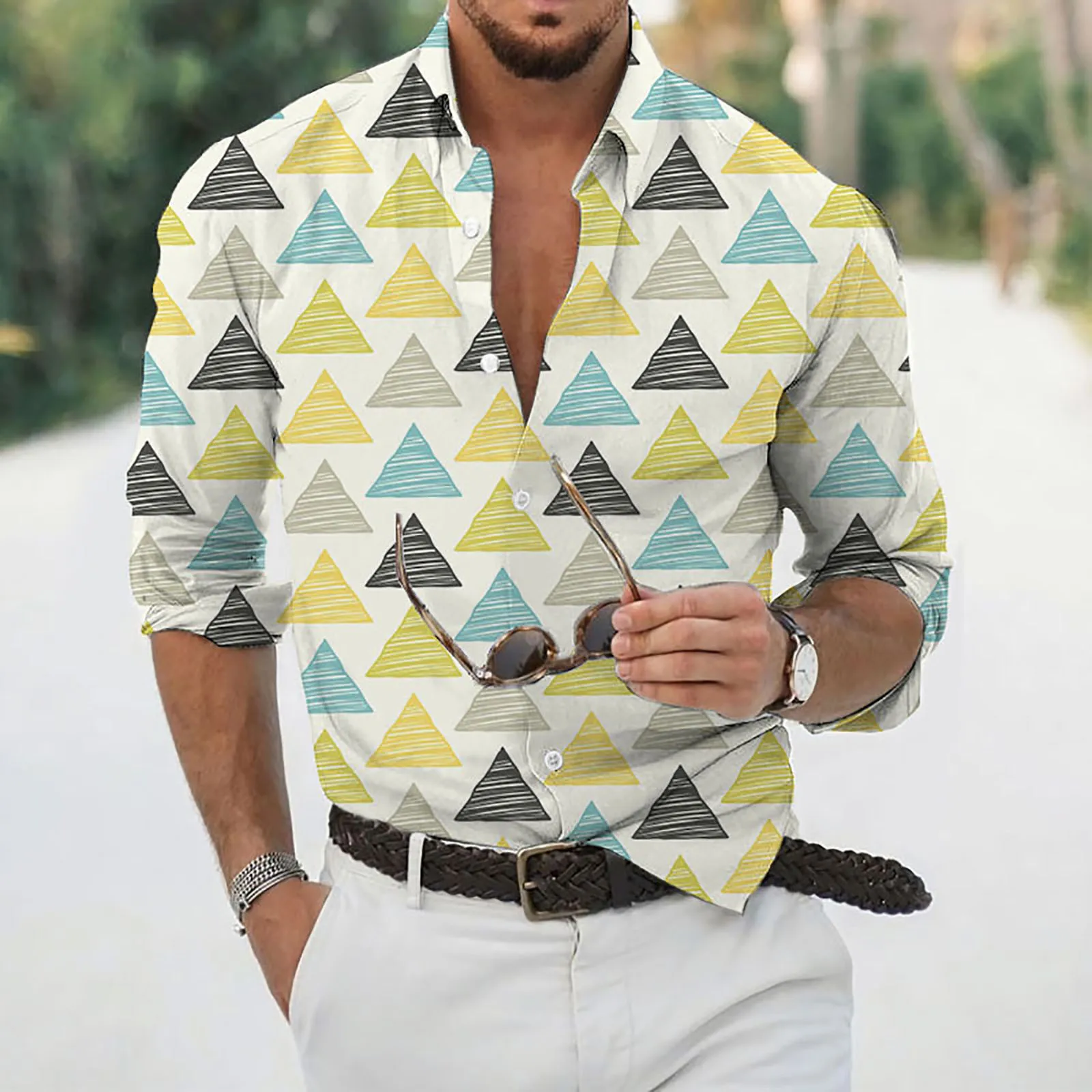 

Рубашка мужская с геометрическим рисунком, Повседневная Свободная приталенная классическая блузка на пуговицах, с длинным рукавом, деловой стиль