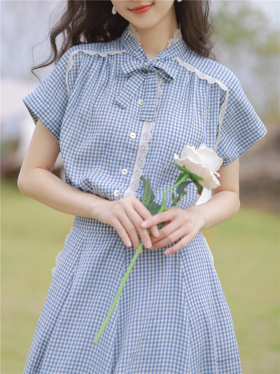 

Spring Summer Original Design Women Vintage Inspired Romantic Lace Patchwork Plaid Cotton Blends One-piece Dress