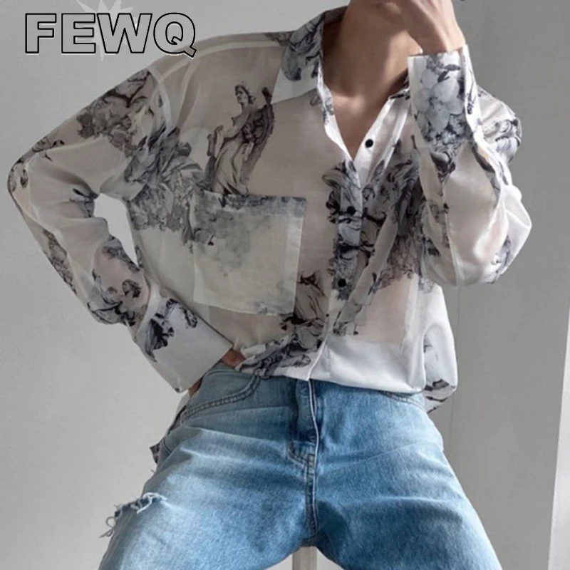 

Мужская Повседневная рубашка с принтом FEWQ, свободная сетчатая Солнцезащитная одежда в Корейском стиле, кардиган в стиле High Street с цветами, ле...