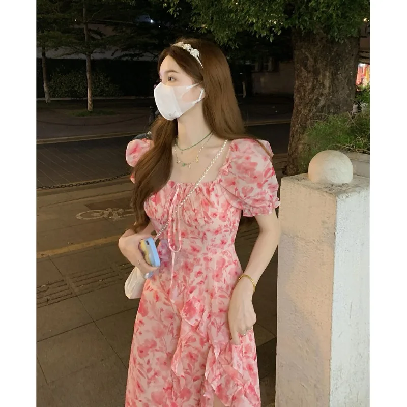 

WDMSNA Sweet Print Floral Square Neck Vestido Feminino Summer Chic High Waist Robe Slit Ruffle Long Dresses for Women