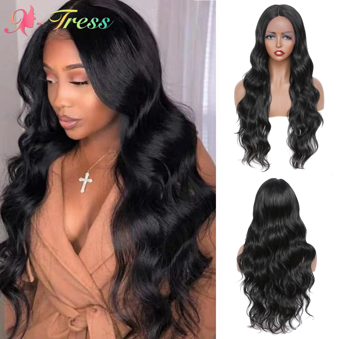 

X-TRESS длинные волнистые синтетические парики на сетке для чернокожих женщин, 22 дюйма, натуральный цвет, средней части, парик на сетке, Термост...