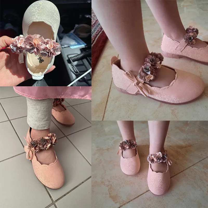 Children's Flats Lace Big Flower Princess Party Performance Shoes Baby Student Girl Shoes for Kids Soft Sole Leather Flats