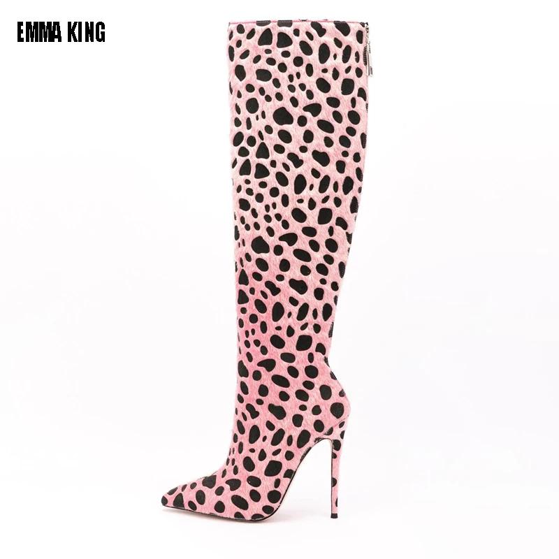 

Женские сапоги до колена ручной работы, ботинки на тонком каблуке с леопардовым принтом, обувь цвета фуксии с острым носком, женские сапоги с конским мехом, 35-47