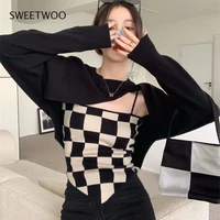 gothic irregular t shirt women knitted black pullover checkerboard tank tops y2k two piece tops korean style fashion tide 2022
