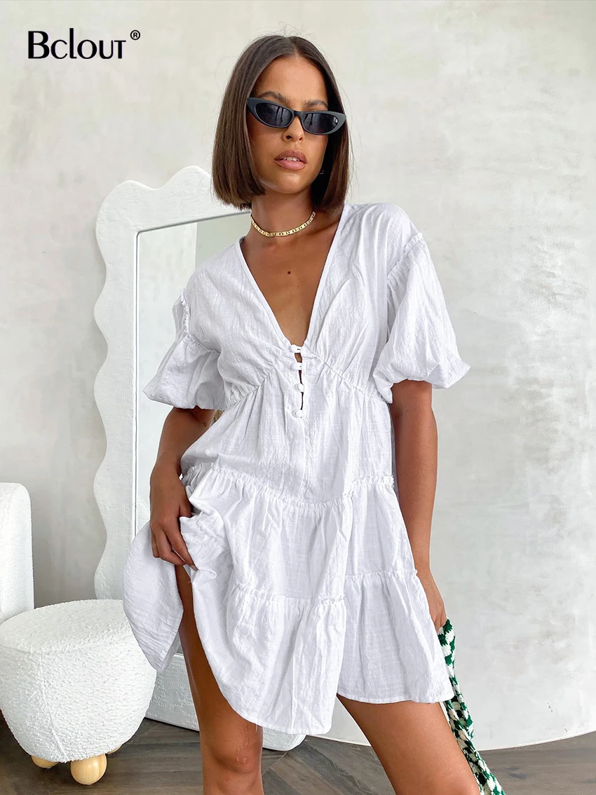 

Bclout White Cotton Dress Women Sexy V-Neck Ruched Puff Sleeve Summer Dress Vacation Pleated A-Line Thin Mini Dresses Woman 2022