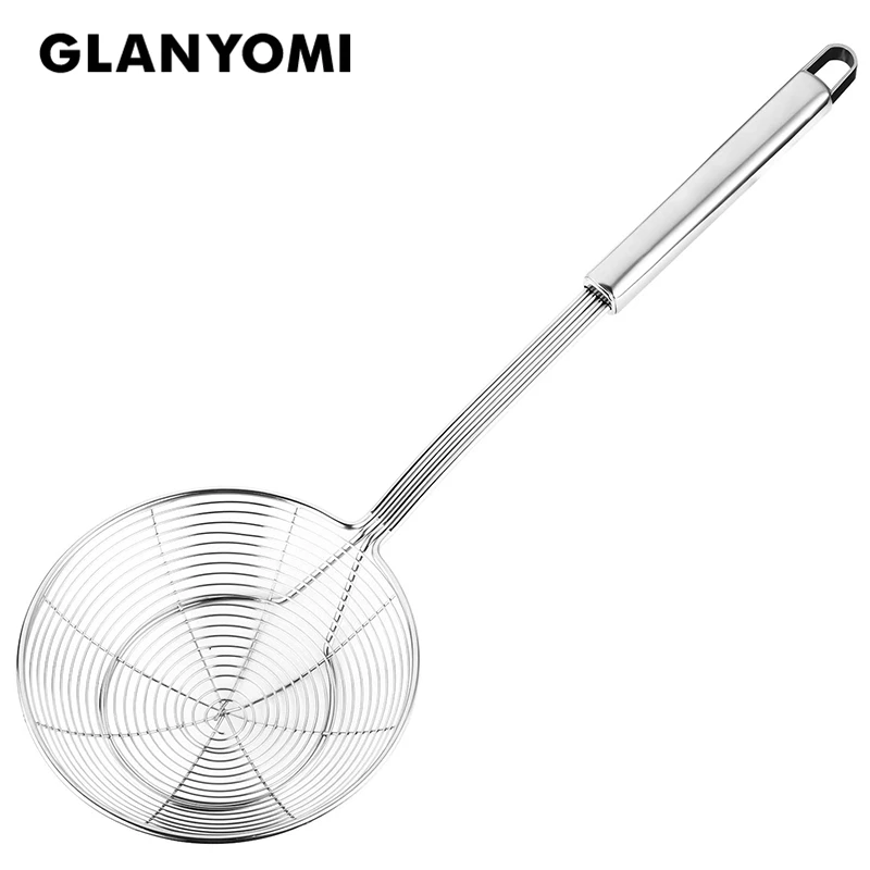 Solid 18/8 Stainless Steel Spider Strainer Skimmer Ladle, 14/16/18/20cm Frying Spoon with Handle, Kitchen Tools