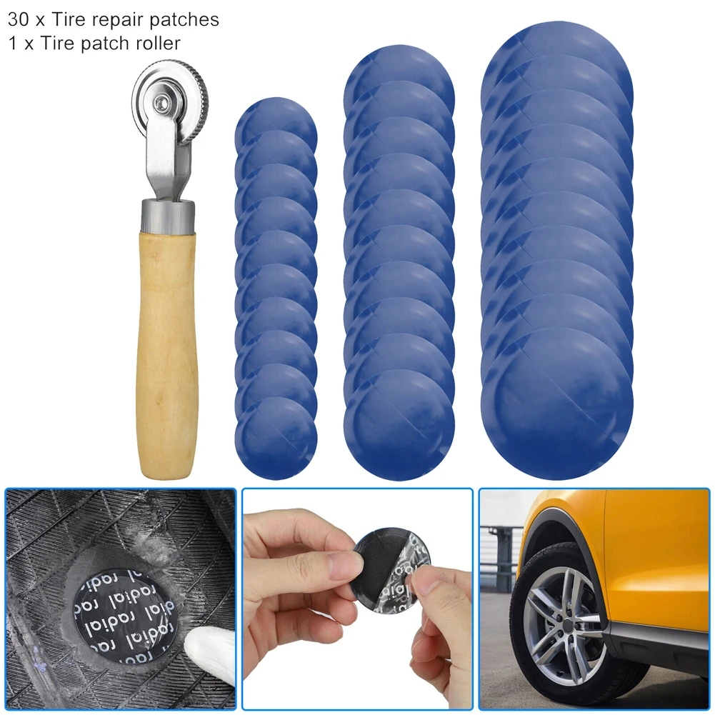 30Pcs Tire Patch Roller Tool Kit Universal Tire Repair Rubber Patch Glues Tool Tyre Patching Repair Tools Accessories