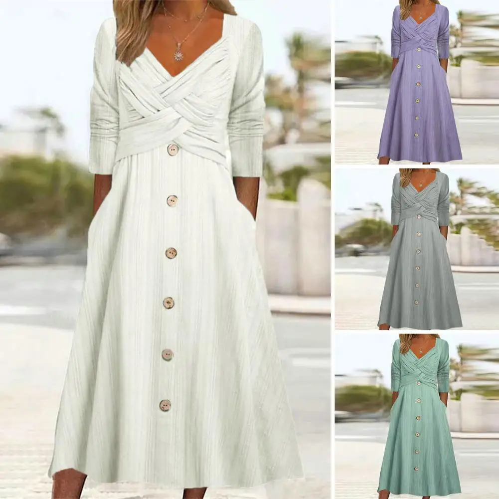 

Женское платье с V-образным вырезом, однотонное ТРАПЕЦИЕВИДНОЕ ПЛАТЬЕ в стиле ретро с длинным рукавом, украшенное пуговицами, мягкий подол, до середины икры, для осени и весны