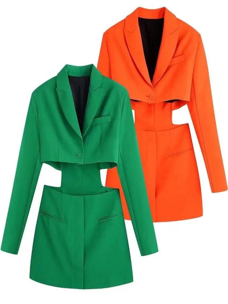 

TRAF Women 2022 FashionSolid Color Hollow Out Mini Dress Vintage Long Sleeve Welt Pockets Female Dresses Vestidos Streetwear