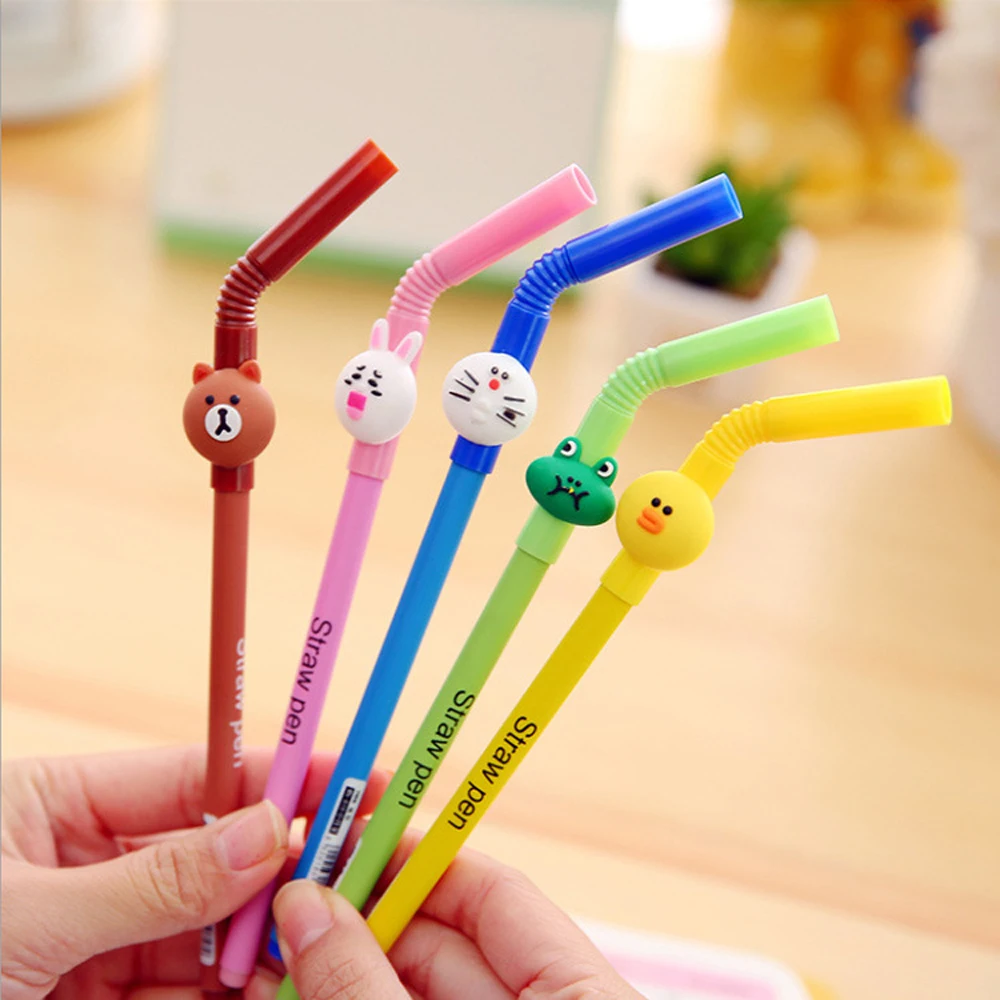 

5pcs Creative Cartoon Straw Animals Cute Student Gel Pen Student Stationery Gel Pen