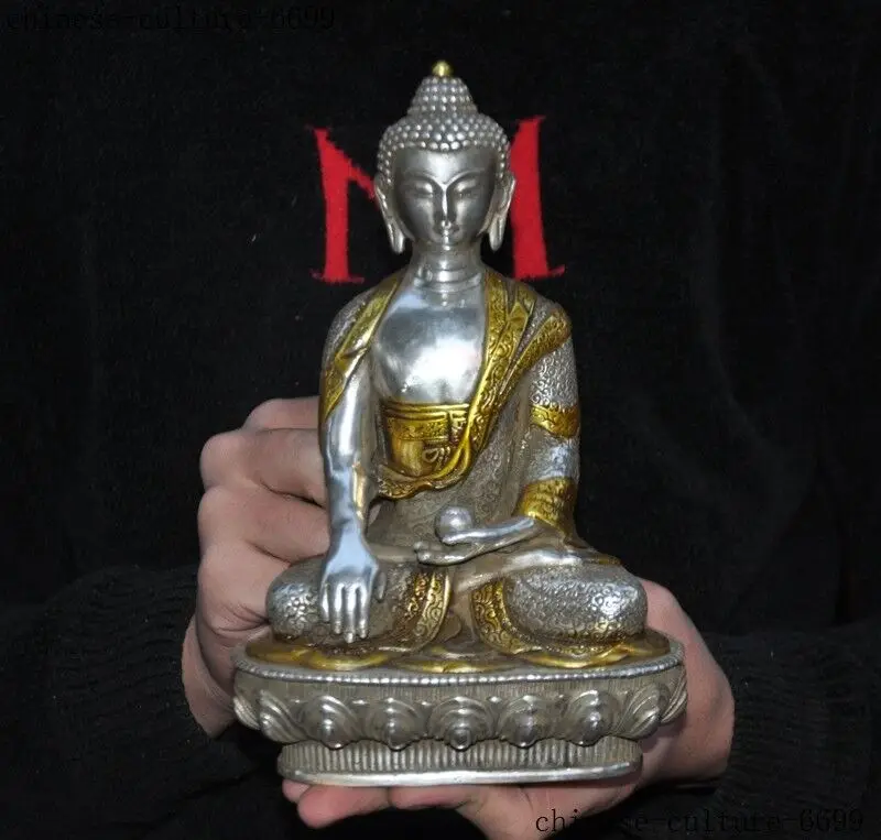 

8"Tibet Buddhism Tibetan silver Gilt Medicine Buddha Sakyamuni Shakyamuni statue
