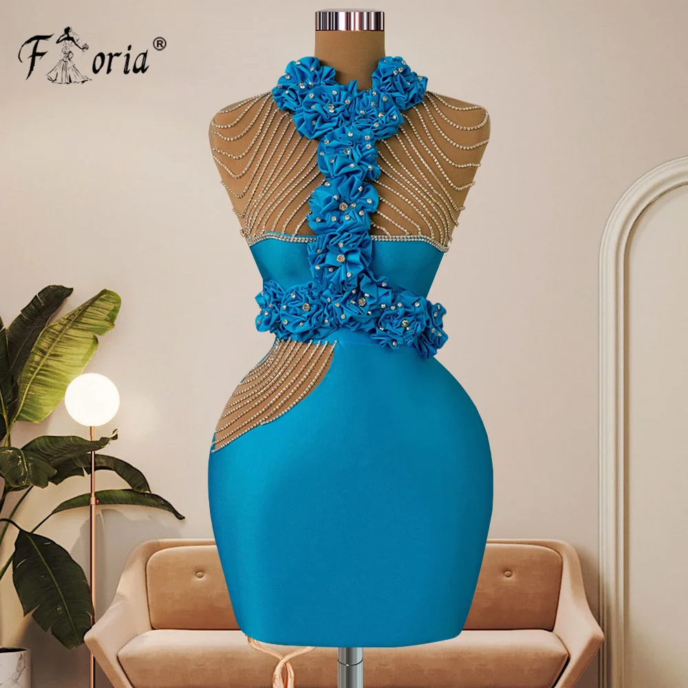 

Newest Fashion Blue Short Cocktail Dress 3D Flowers Crystal Fringes Prom Dresses Graduation Party Robes Girls vestidos de gala