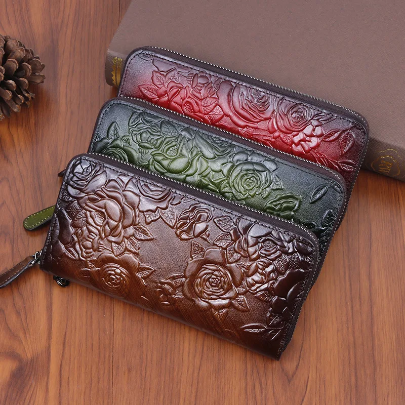 

Retro Women's Wallet Chinese Style Embossed Genuine Purse Leather Vintage Passport Cover Summer Luxury Billfold High Quality