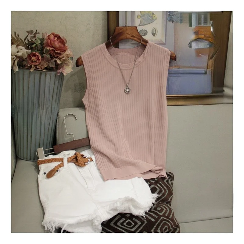 

Y2k Tank Top Crop 2022 Summer New Wide Shoulder Belt Round Neck Fashion Thin Sleeveless Ice Silk Knitting Vest Women's Solid