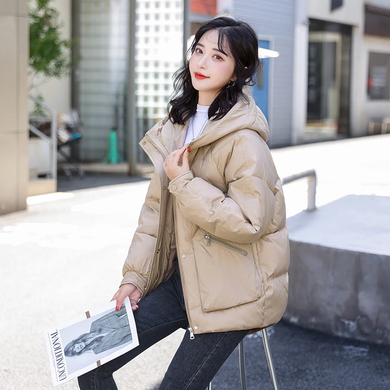 2022 New Autumn Winter Women Jacket Hooded Flash Powder Short Parkas Cotton Padded Winter Clothes Casual Coat Female Size 4XL