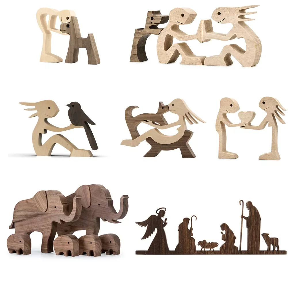 

Home Decor Table Ornament Wood Dog Craft Sculpture Handmade Wooden Pets Figurine Crafs Desk Decorations Christmas Gift