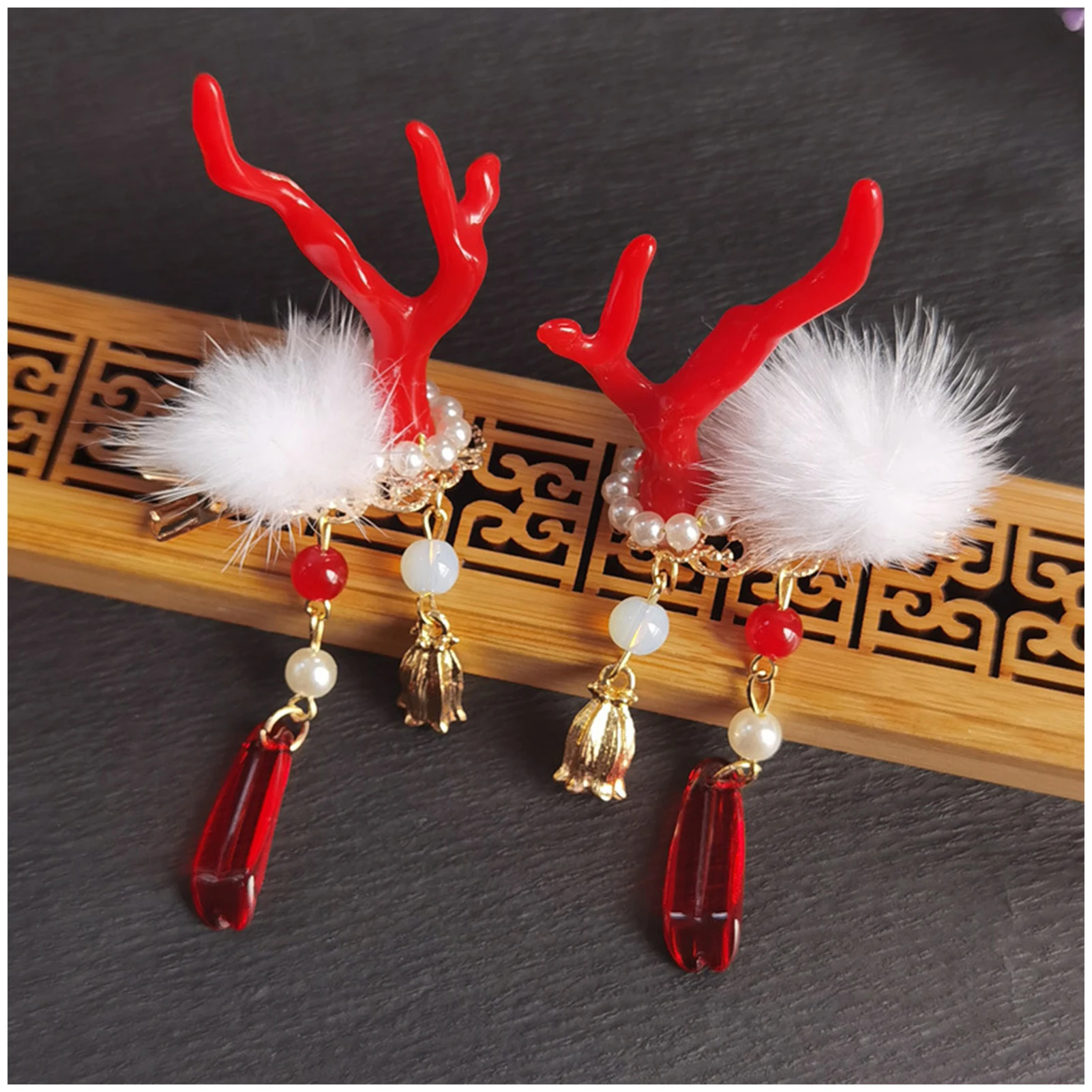 

Китайские заколки для волос, пара шпилек для волос, Нескользящие головные уборы с бахромой и милыми рогами для ежедневного использования, д...