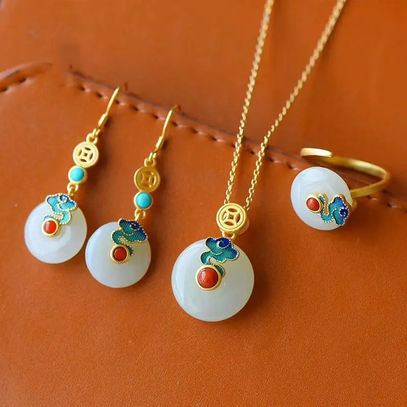 

925 enamel color auspicious cloud earrings inlaid with natural Hotan jade safety clasp earrings antique set accessories female