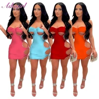 sexy diamonds patchwork strapless hollow out bandage party club mini dress women summer backless outfit beach dresses vestidos