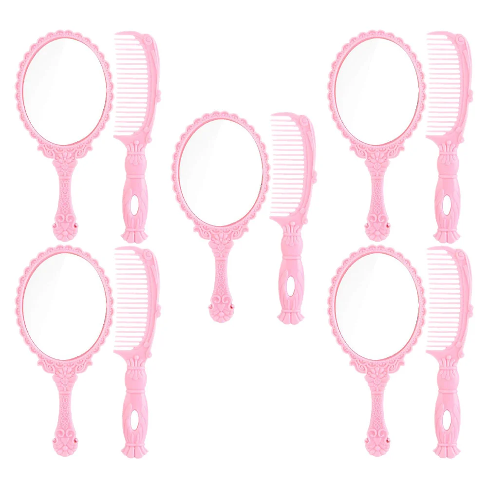 

5Sets Mirror Comb Set Vintage Makeup Mirror Hand Held Mirror Hairdressing Comb Vanity Mirror Comb Set Hair Styling Accessory