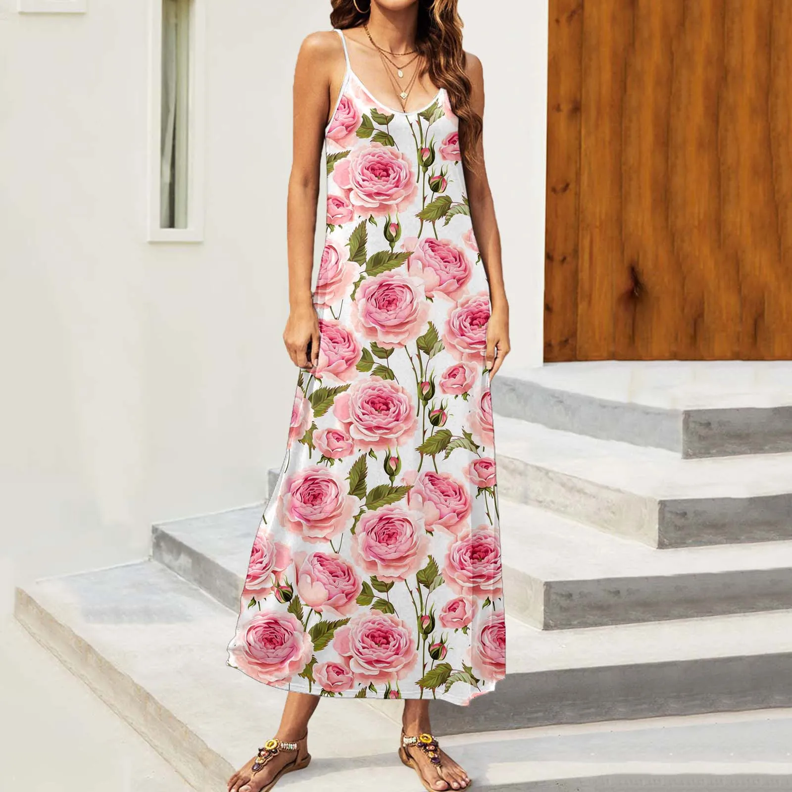 

Женские платья макси с принтом и круглым вырезом, летнее платье на бретельках, летние женские платья