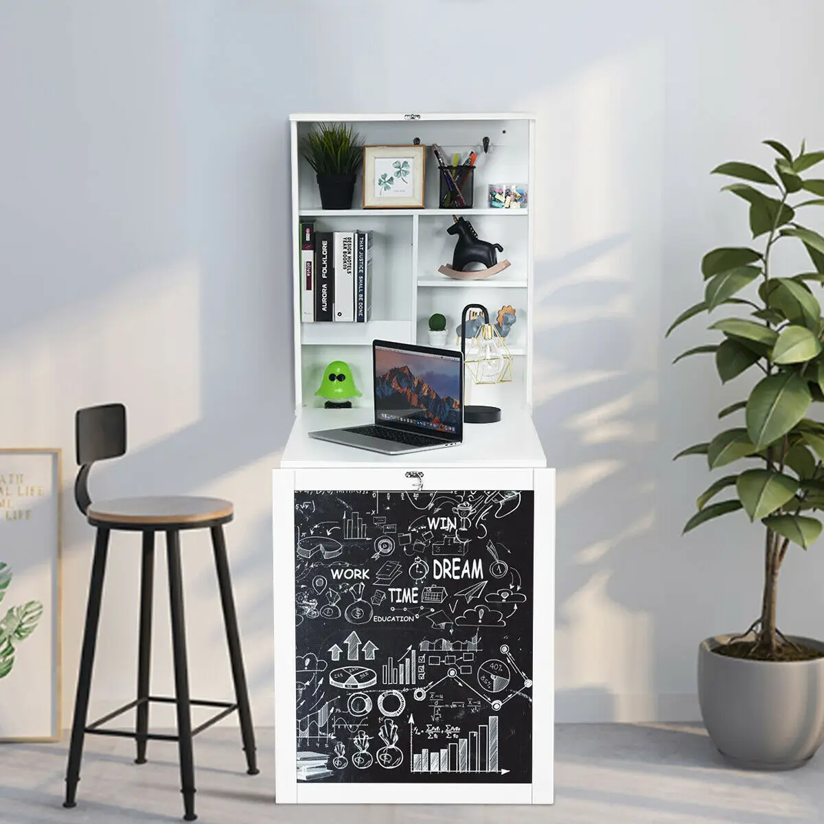 White Wall Mounted Table Fold Out Convertible Desk with A Blackboard/Chalkboard