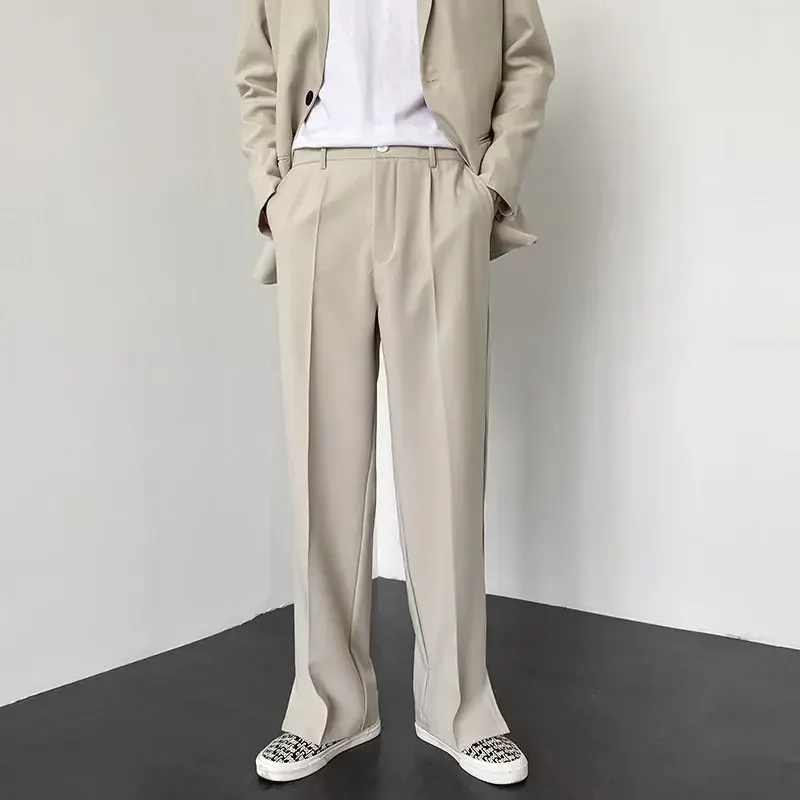 

Men Straight Casual Pants 2023 Summer New Korean Style Baggy Personality Slit Wide Leg Blazer Pants Trousers Male Streetwear