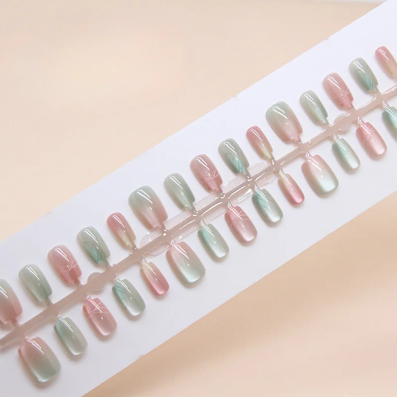 Зеленые розовые градиентные кошачий глаз прозрачные искусственные ногти