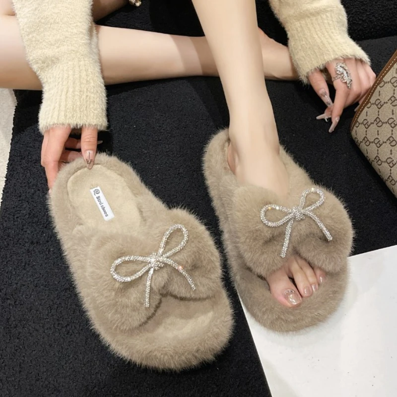 Женские зимние тапочки толстая подошва короткие плюшевые хлопковые с бантом и
