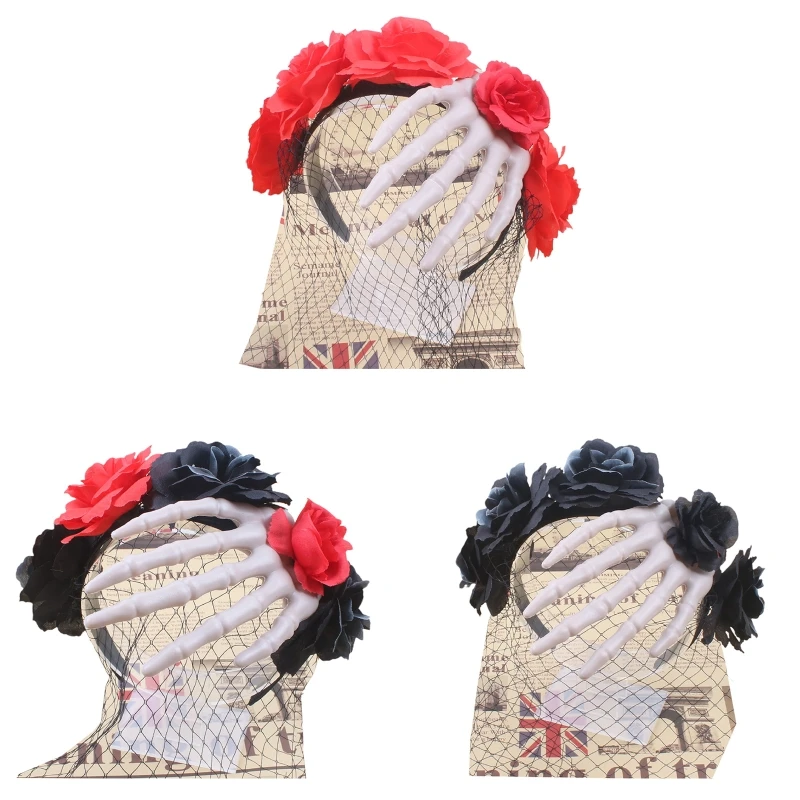 

Punk Skeleton Flower Shape Hair Hoop Women Headband Makeup Head Band for Live Broadcast Halloween Hair Accessory