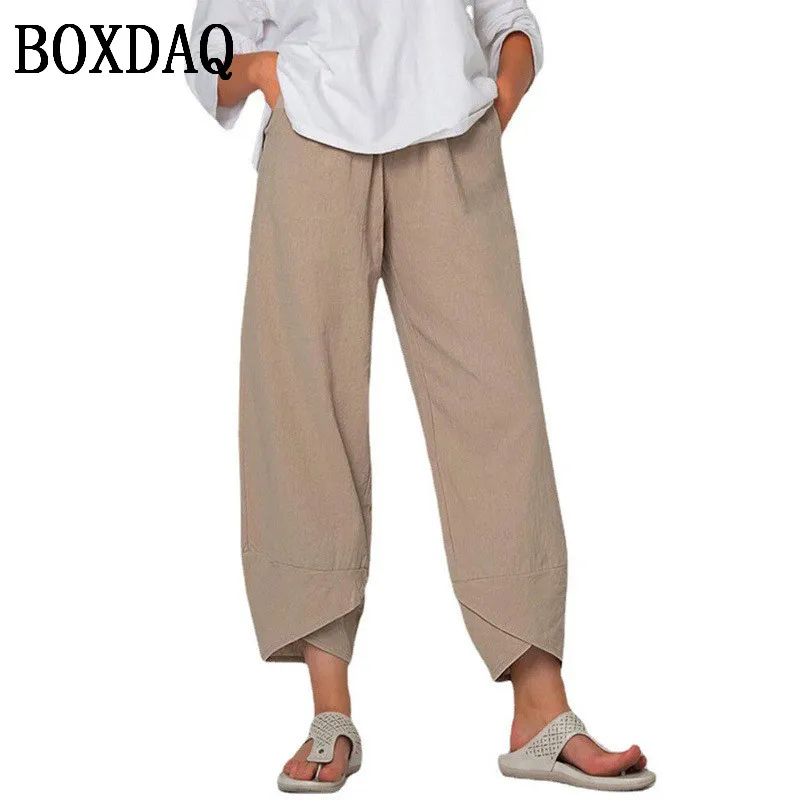 

Spring Summer Women's Pants Cotton Linen Elastic Waist Loose Wide-Leg Pants Female Solid Casual Pocket Ankle-Length Pant Trouser