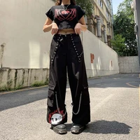 american dark black printed chain woven overalls 2022 new personality rear straps high waist loose leggings trousers
