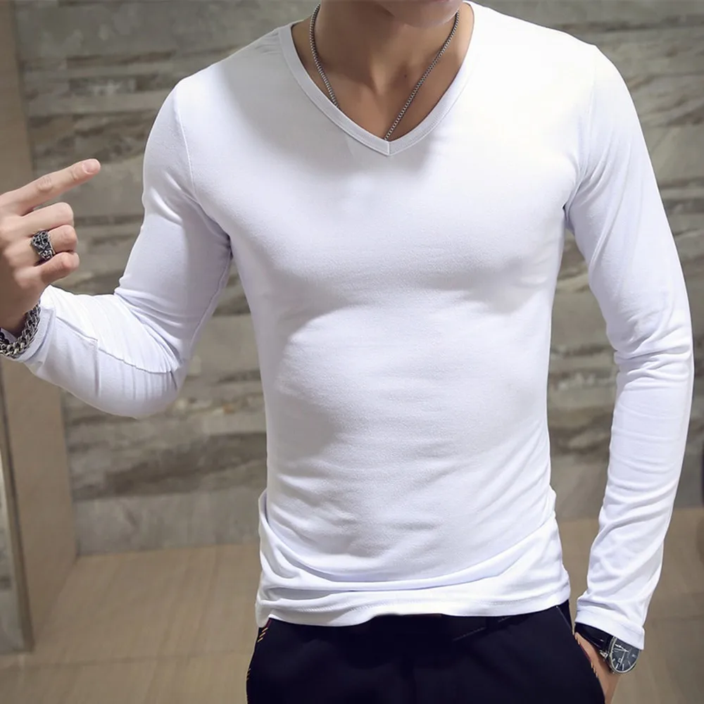 

Mens Slim Fit T-shirt Pullover V-Neck Blouse Casual Fashion Long Sleeve Tops Winter Warm Clothes Male Sleepware Bottom Man Ware