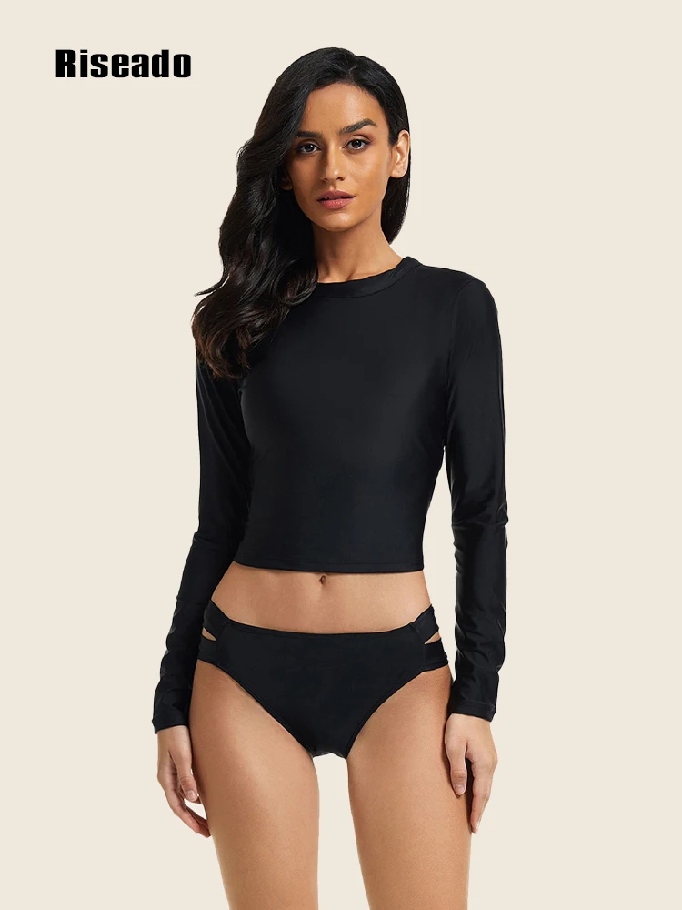 

Two-piece Swimsuits Swimwear Women Long Sleeve Rash Guard Black Cut Out Surf Suit Beachwear