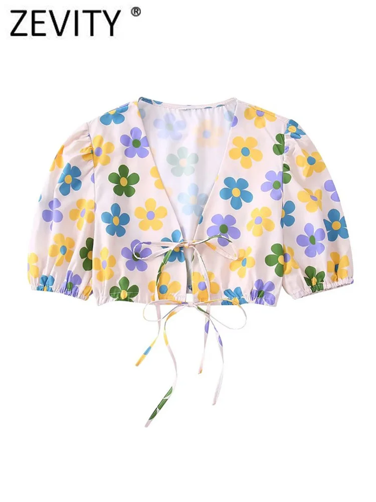 

Zevity Women Sweet V Neck Floral Print Lace Up Short Shirt Female Pleat Puff Sleeve Blouse Roupas Chic Crop Blusas Tops LS1545
