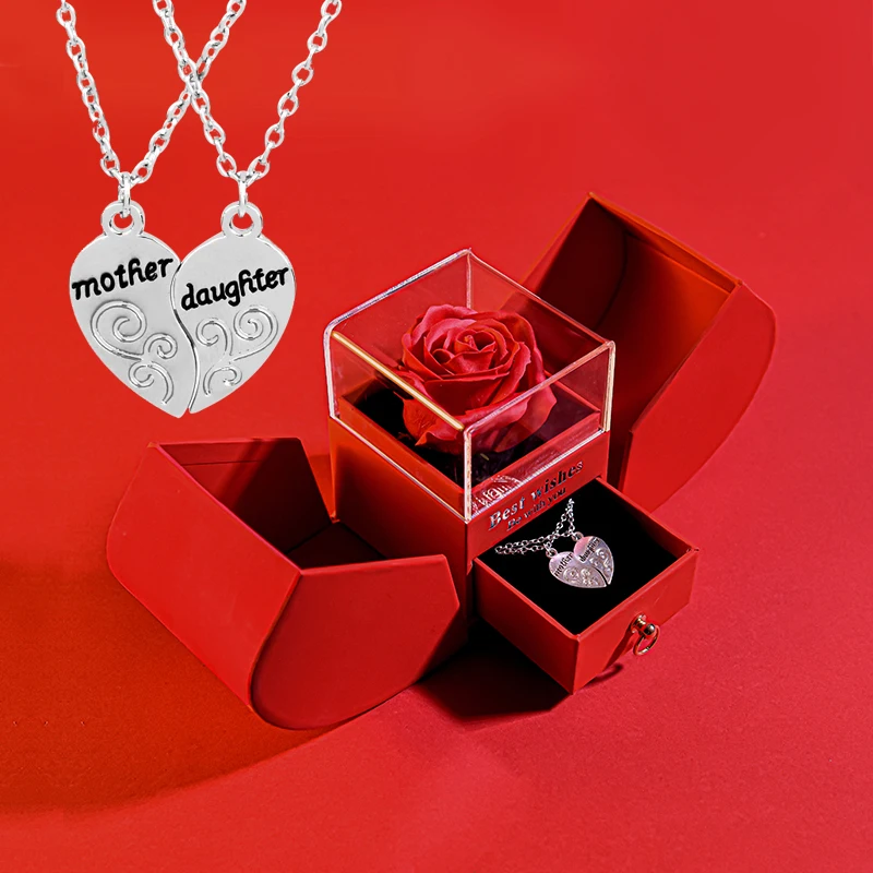 

Eternal Rose Gift Box Mother Daulghter Two-Part Heart Necklace Set Birthday Flower Jewelry Box Anniversary Best Gifts for Mom